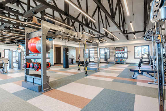 A gym with a variety of equipment including a weight bench, a barbell, and a squat rack.