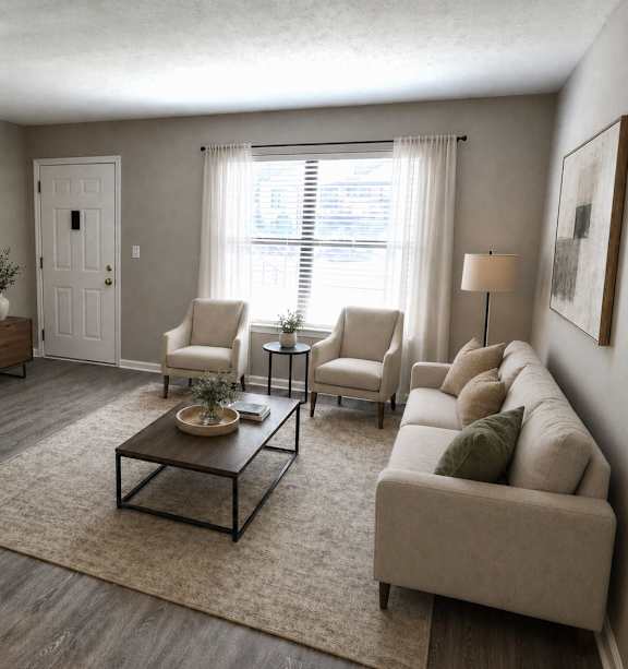 A living room with a white sofa, a coffee table, and a television.