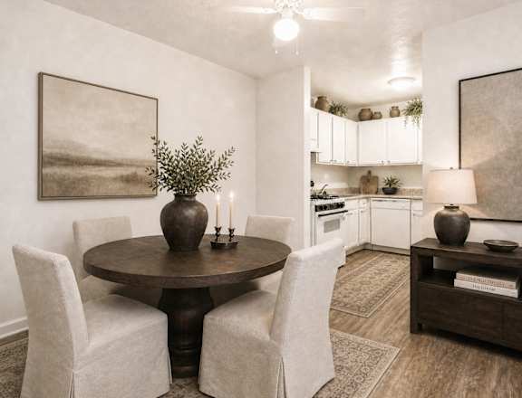A dining room with a round table and chairs.