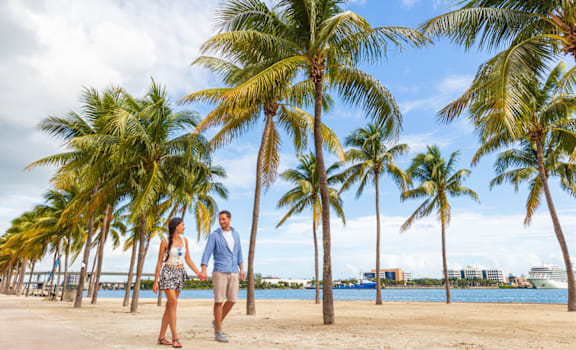 A couple is walking hand in hand on a beach lined with palm trees.