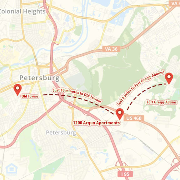 A map of a city with a red marker indicating the location of  1200 Acqua Apartments in Petersburg Virginia