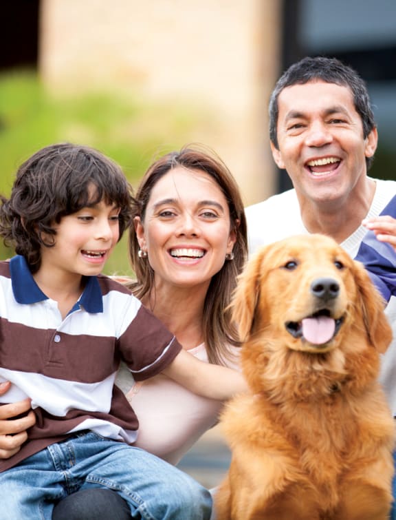 a family with their dog and a dog