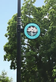 a sign on a pole in front of a tree