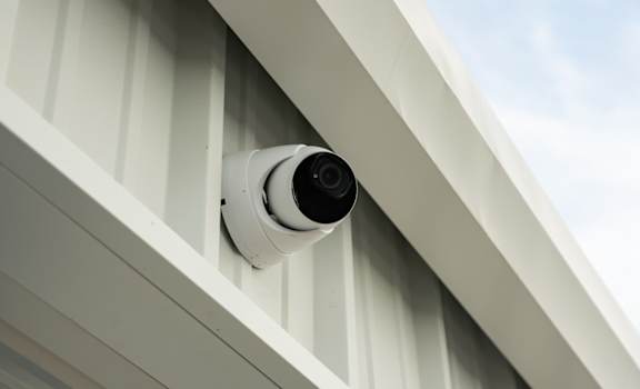 A security camera is mounted on a white wall.