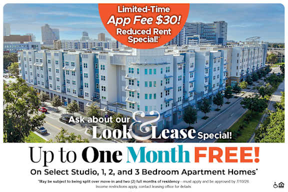 A promotional image for a limited-time app fee of $30 and a reduced rent special.