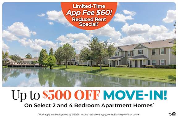 A promotional image for a limited-time app fee reduction and move-in special for select 2 and 4 bedroom apartment homes.