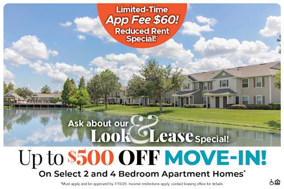 A promotional image for a limited-time app fee reduction and a lease special offering up to $500 off on select 2 and 4 bedroom apartment homes.