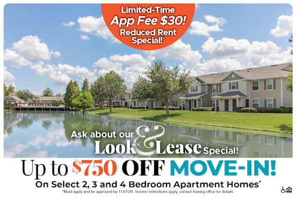 A promotional image for a limited-time app fee reduction and a move-in special for apartment homes.