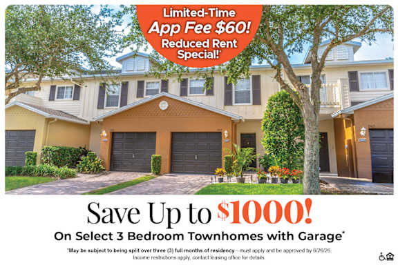 A house advertisement offering a limited-time app fee discount and a potential savings of up to $1000 on select 3 bedroom townhomes with garage.