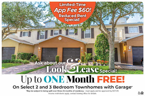 A real estate advertisement offering a $60 app fee reduction and up to $1,000 off move-in for select 3 bedroom townhomes with garage.
