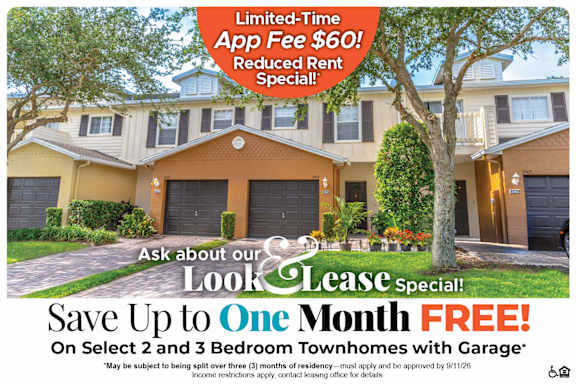 A housing advertisement offering a $60 app fee reduction and up to $1,000 off move-in for select townhomes with garage.