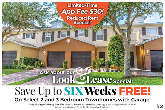 A housing advertisement offering a $60 app fee reduction and up to $1,000 off move-in for select townhomes with garage.