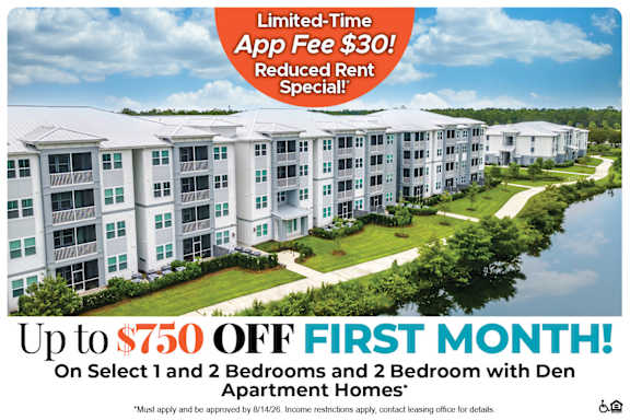 A promotional image for a limited-time app fee reduction and additional discounts for leasing a den apartment.