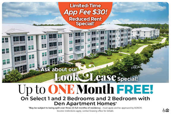 A promotional image for a limited-time app fee of $60 and a $250 discount on the first month for select 3 bedroom apartment homes.