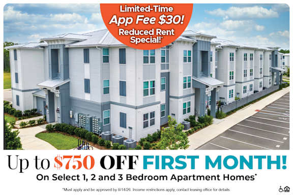 An apartment complex advertises a $60 app fee and a $500 discount on the first month's rent for select 1 and 3 bedroom homes.