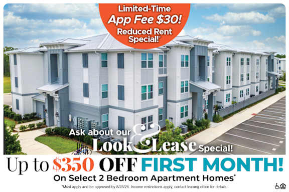 A promotional image for apartment homes with a special offer.