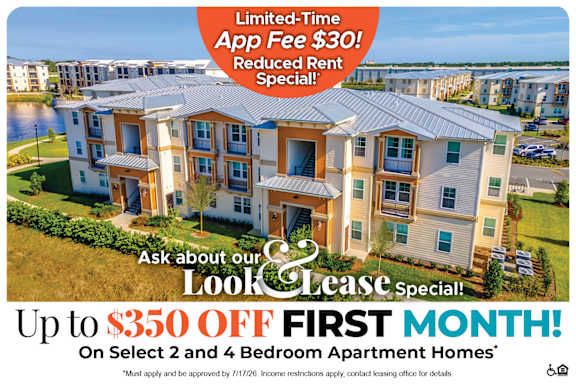 A promotional image for a lease special offering up to $350 off the first month on select 2 and 4 bedroom apartment homes.