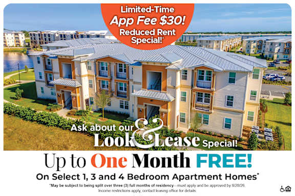 An advertisement for apartment homes with a limited-time app fee and a free month offer.