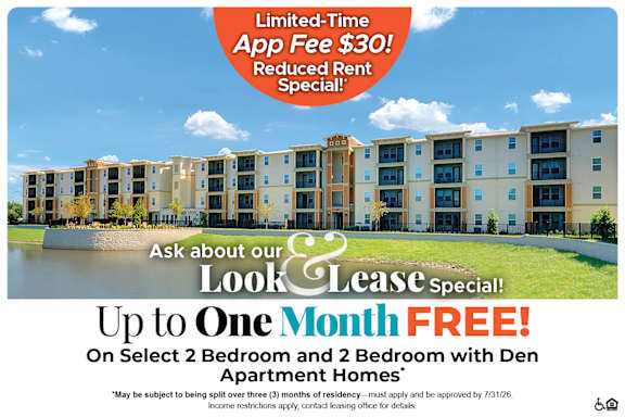 A promotional image for a lease special offering up to one month free on select 2 bedroom and 2 bedroom with den apartment homes.