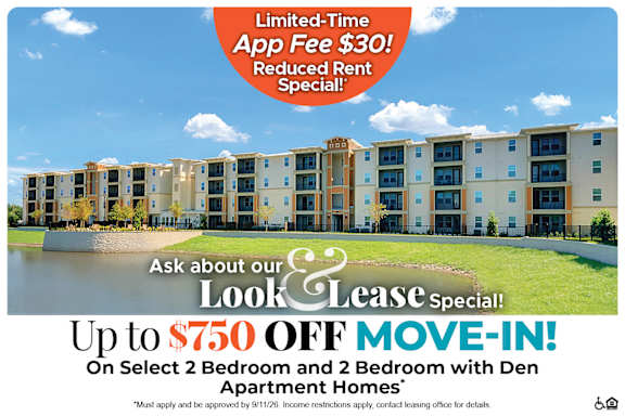 A promotional image for a limited-time app free offer and a move-in special for apartment homes.