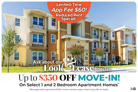 A promotional image for a lease special offering up to $350 off on select 1 and 2 bedroom apartment homes.