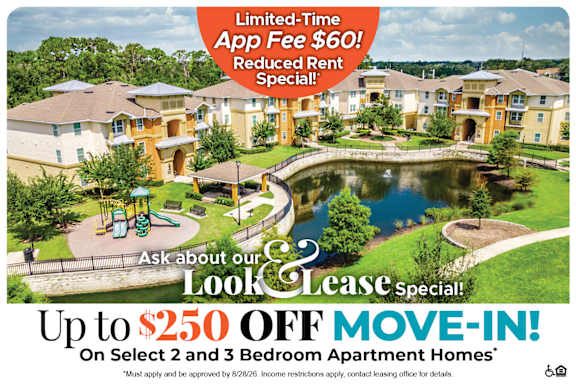 A promotional image for a lease special offering up to $250 off on select apartment homes.