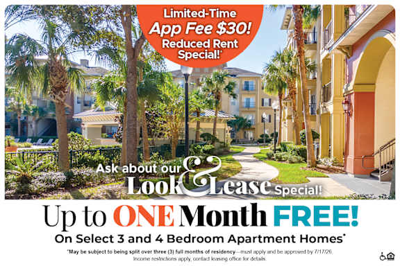 A promotional image for a Look Please Special offering a free month for select apartment homes.