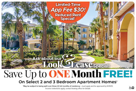 A promotional image for a lease special offering up to one month free on select 2 and 3 bedroom apartment homes.