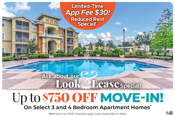 A promotional image for a lease special offering up to $750 off on select apartment homes.