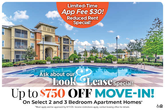 A promotional image for a lease special offering up to $750 off on select apartment homes.