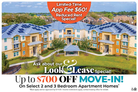 A housing complex advertisement offering a $60 app fee reduction and up to $700 off move-in for select 2 and 3 bedroom apartment homes.