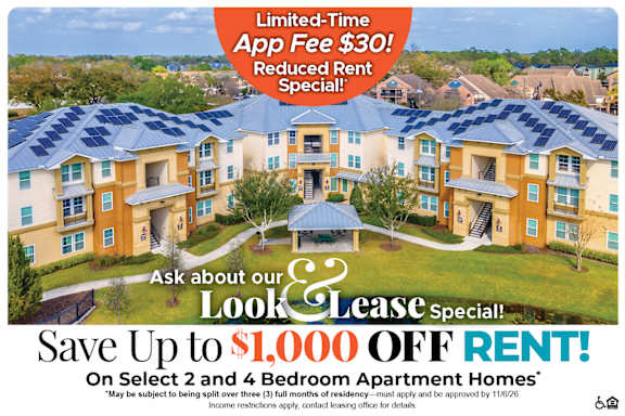 A housing complex advertisement offering a $60 app fee reduction and up to $700 off move-in for select 2 and 3 bedroom apartment homes.