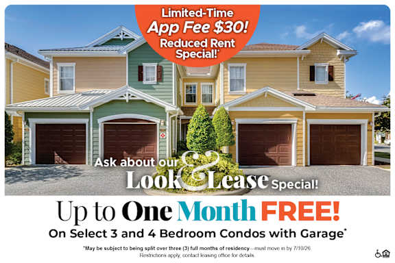 A promotional image for a lease special offering up to one month free on select 3 and 4 bedroom condos with garage.