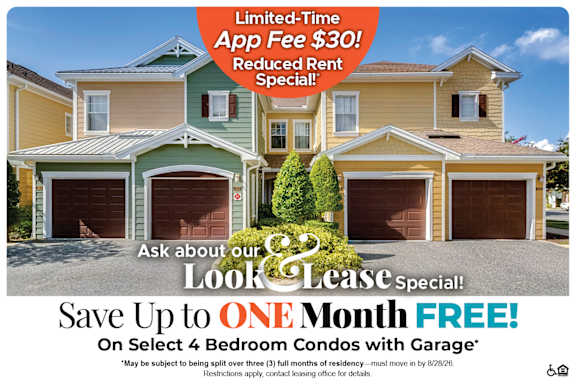 A promotional image for a limited-time app fee offer and a reduced rent special for a lease special.