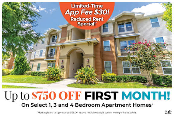 A promotional image for a limited-time app fee reduction and rent special for select apartment homes.