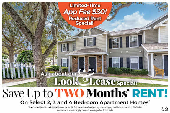 A housing advertisement offering up to two months free on select 2, 3 and 4 bedroom apartment homes.
