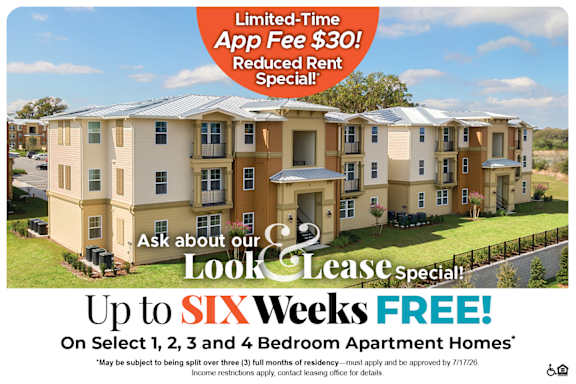 A promotional image for a lease special offering up to six weeks free on select apartment homes.