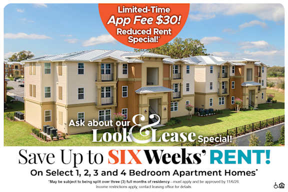 A housing advertisement offering a limited-time app fee discount and a free month for select apartment homes.