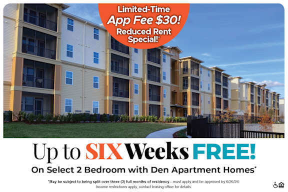 An apartment complex advertises a limited-time app fee of $30 and a reduced rent special.