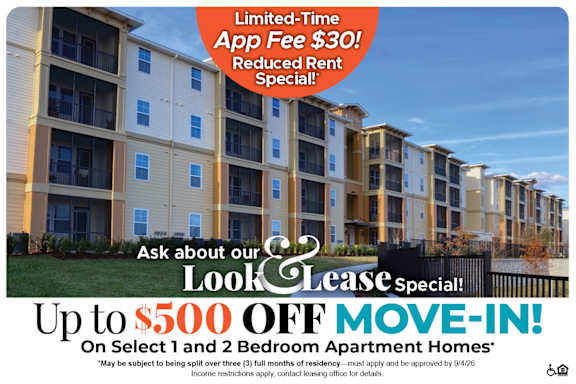 A promotional image for a lease special offering up to $500 off on select 1 and 2 bedroom apartment homes.
