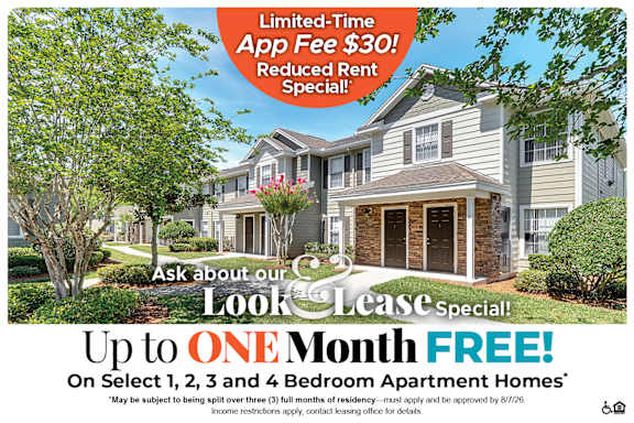 A real estate advertisement offering a free month lease for select apartment homes.