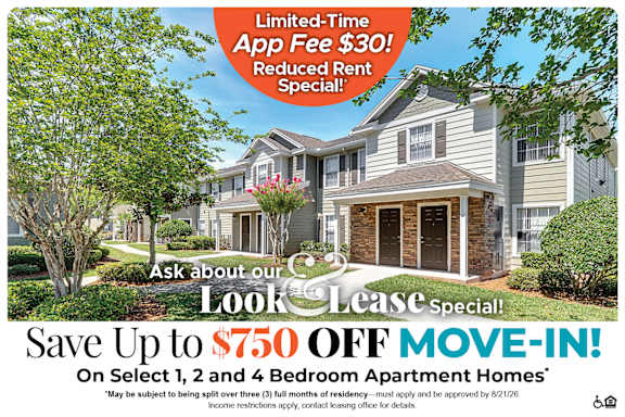 A promotional image for a lease special offering up to $750 off move-in for select apartment homes.