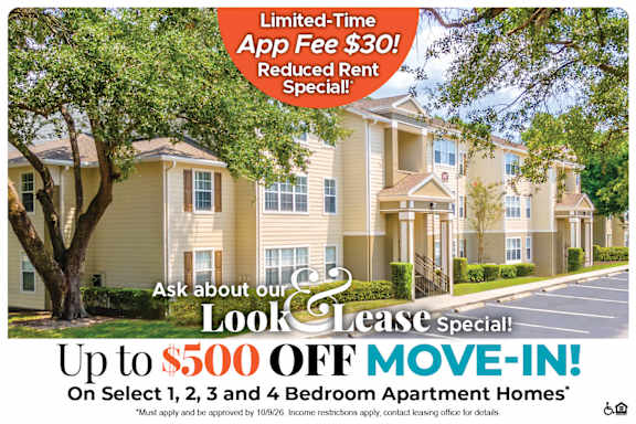 An advertisement for a limited-time app fee reduction and a move-in special for apartment homes.