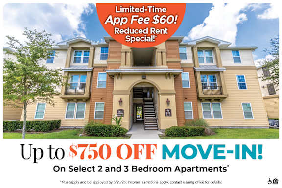 A large apartment complex advertises a limited-time app fee of $60 and a move-in special offering up to $750 off on select 2 and 3 bedroom apartments.