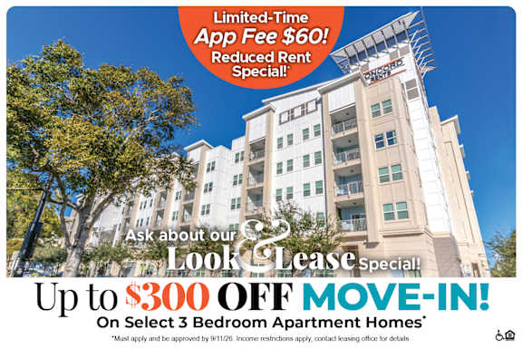 A building advertisement for a $60 app fee and $300 off move-in.