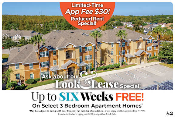 A housing advertisement offering a $30 app fee and $500 off move-in costs for select 3 bedroom apartment homes.