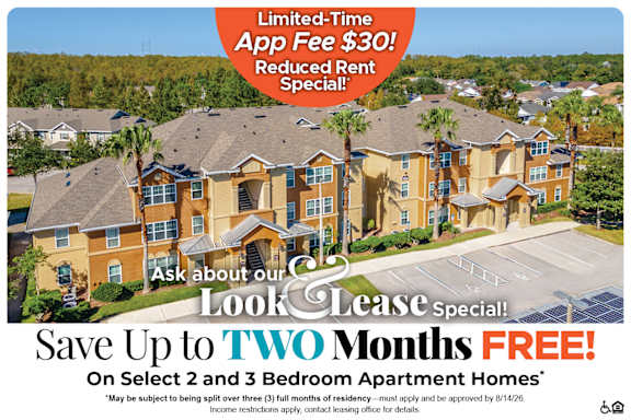 A housing advertisement offering a $30 app fee and $500 off move-in costs for select 3 bedroom apartment homes.