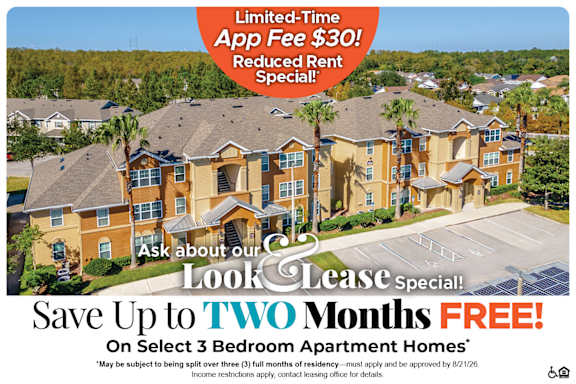 A housing advertisement offering a $30 app fee and $500 off move-in costs for select 3 bedroom apartment homes.