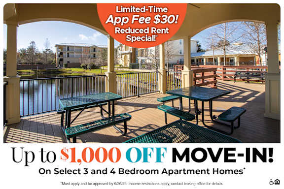 A promotional image for a limited-time app fee discount and move-in costs for apartment homes.