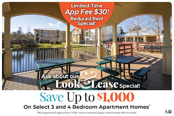 A promotional image for a limited-time app fee discount and move-in costs for apartment homes.